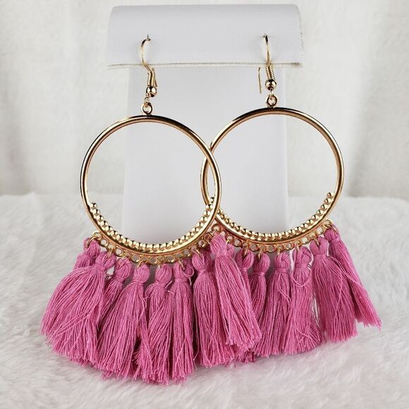 Gold Hoop and Tassel Drop Earrings - Picture 1 of 3